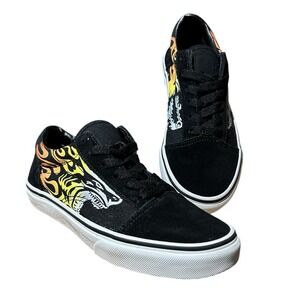 VANS Old Skool Youth 3 Flame Lion Shark Canvas Black Suede Low Top Sneakers